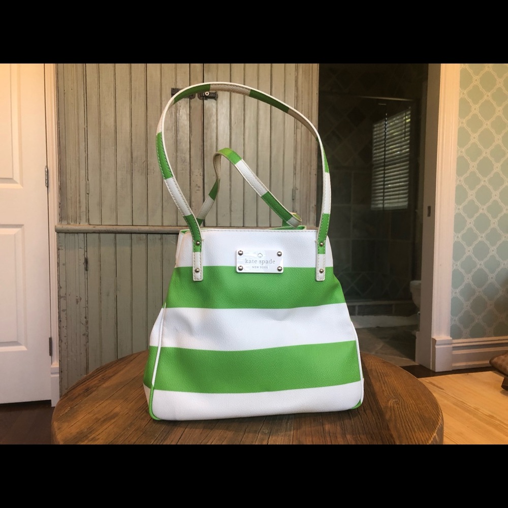 Kate Spade green & white stripe coated leather bag
